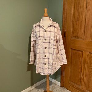 PLAID BUTTON DOWN TUNIC TOP SIZE L  #235